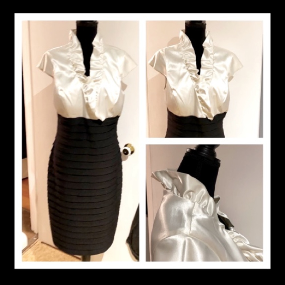 Stunning Satin Cream & Black Dress w/ Ruffled Collar!!! Size 16